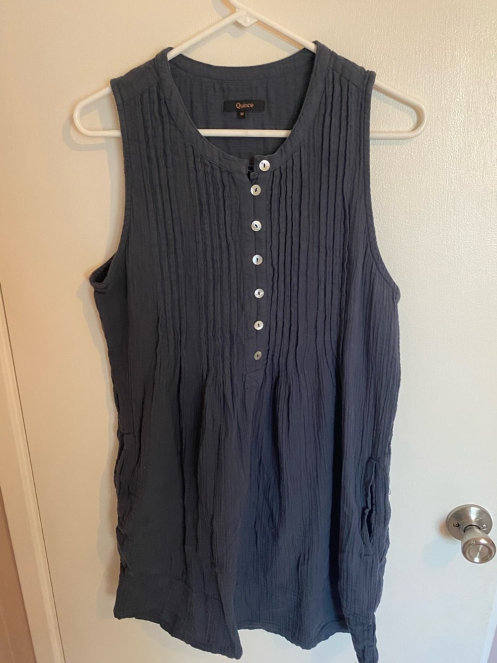 Quince Navy Sleeveless Pintuck Button-Front Mini Dress